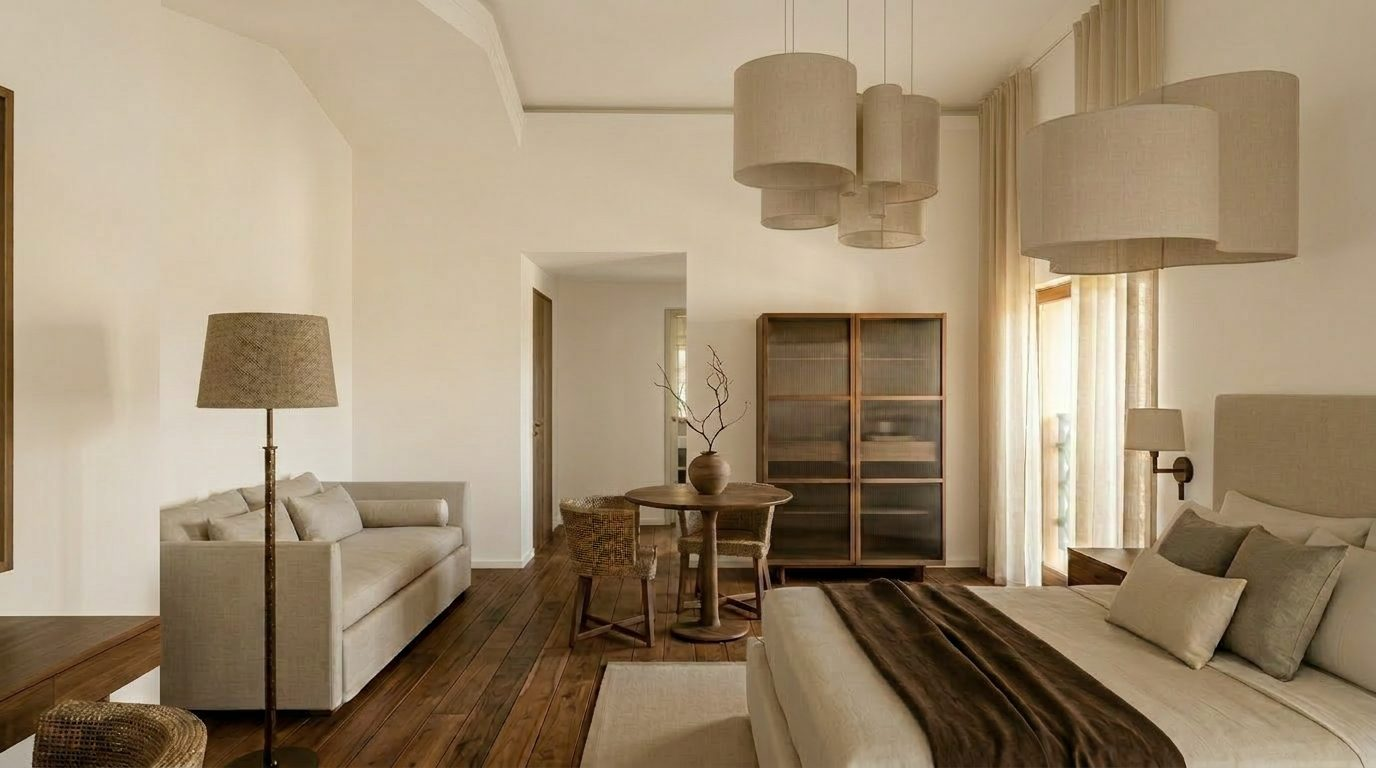 Render refinado — quarto sereno com candeeiros cilíndricos em linho