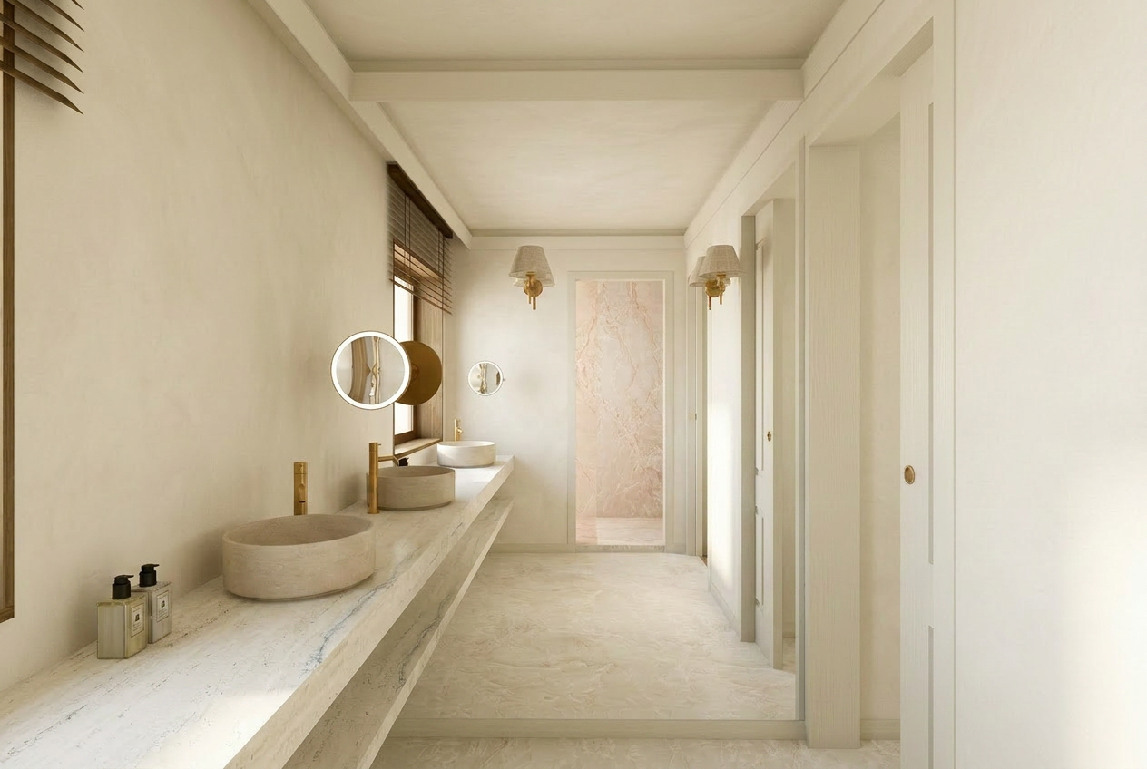 Render refinado — IS Suite Familiar em travertino claro e luz natural