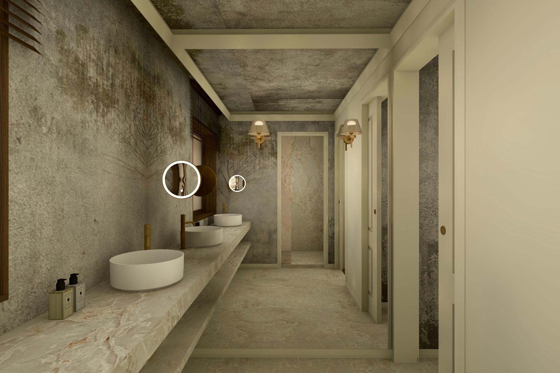 Render original — IS Suite Familiar com paredes em pedra escura e teto carregado