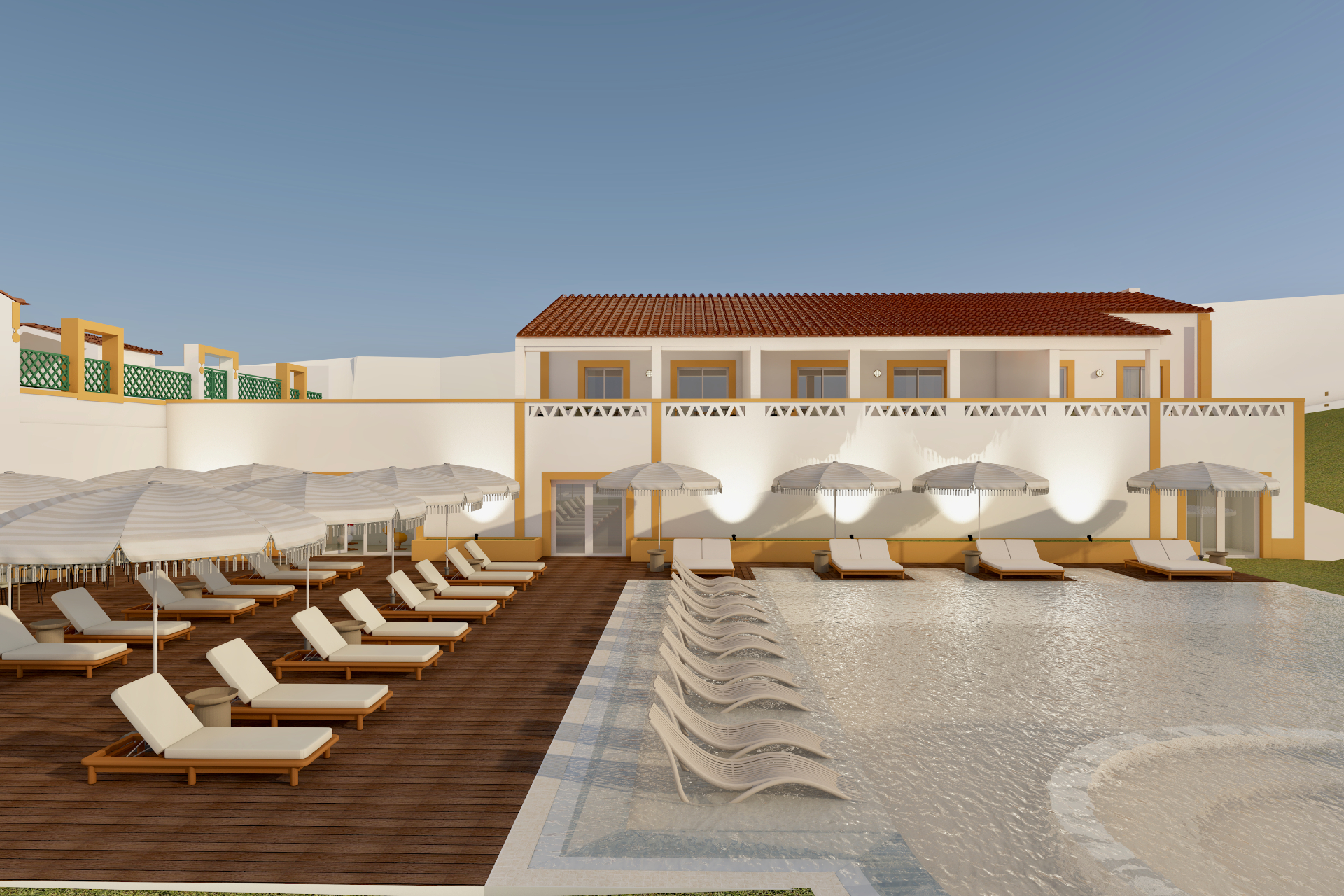 Render original — piscina exterior com sunbeds e chapéus de sol encostados à parede
