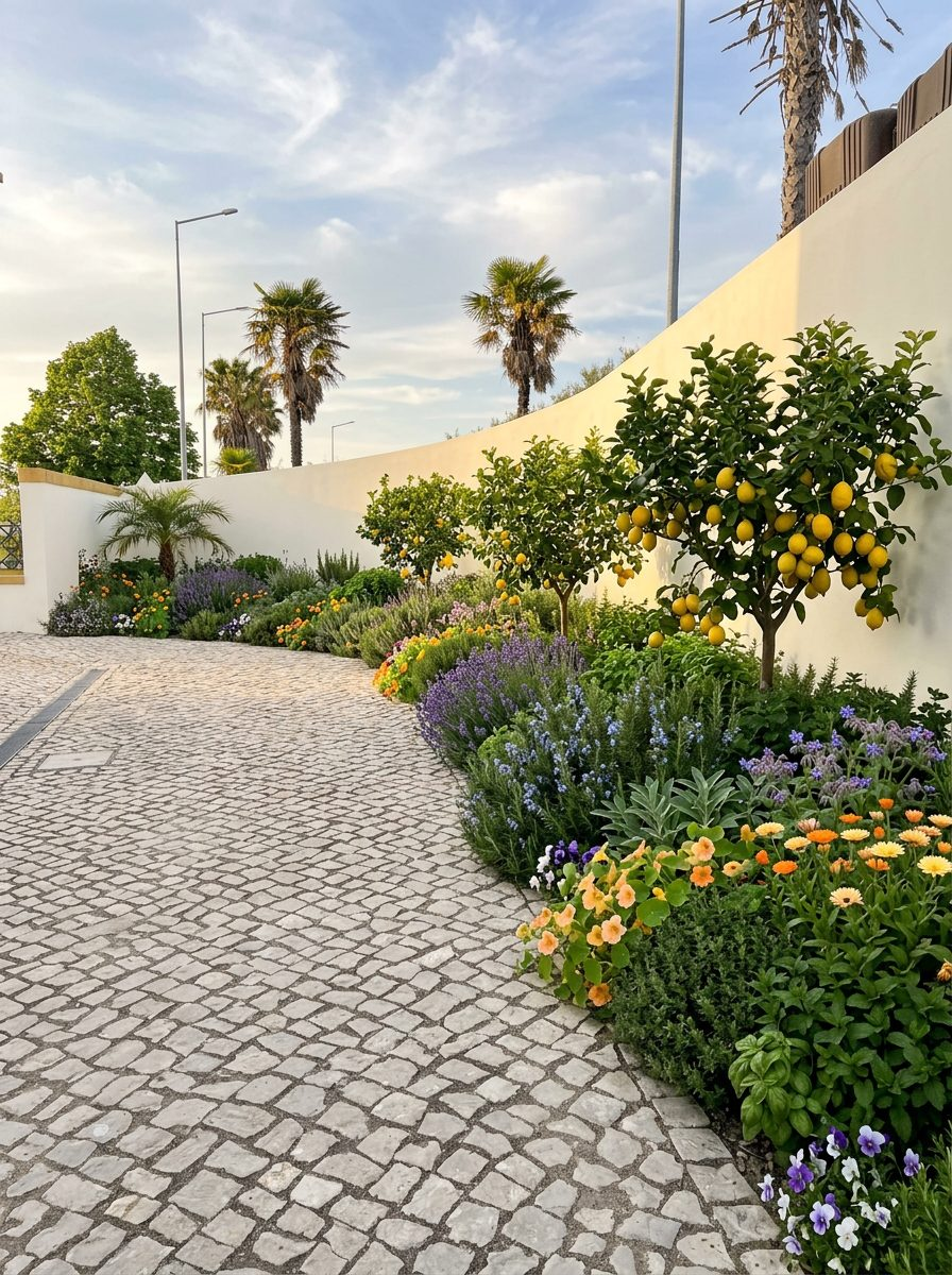 Sugestão de paisagismo — limoeiros, lavanda e ervas aromáticas sobre calçada portuguesa