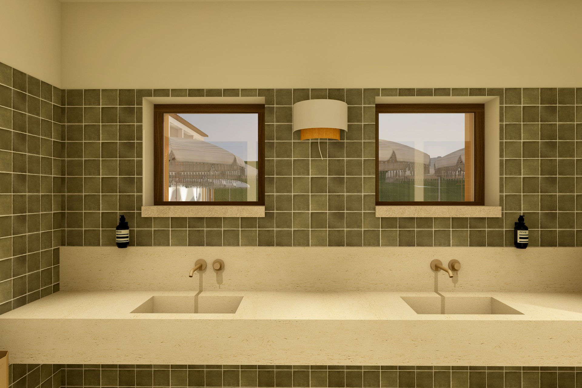 Render da Arquiteta — balneários da piscina, zona de lavatórios