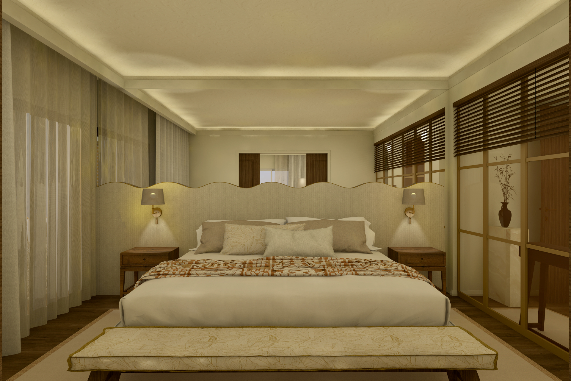Render original — cabeceira ondulada com apliques decorativos