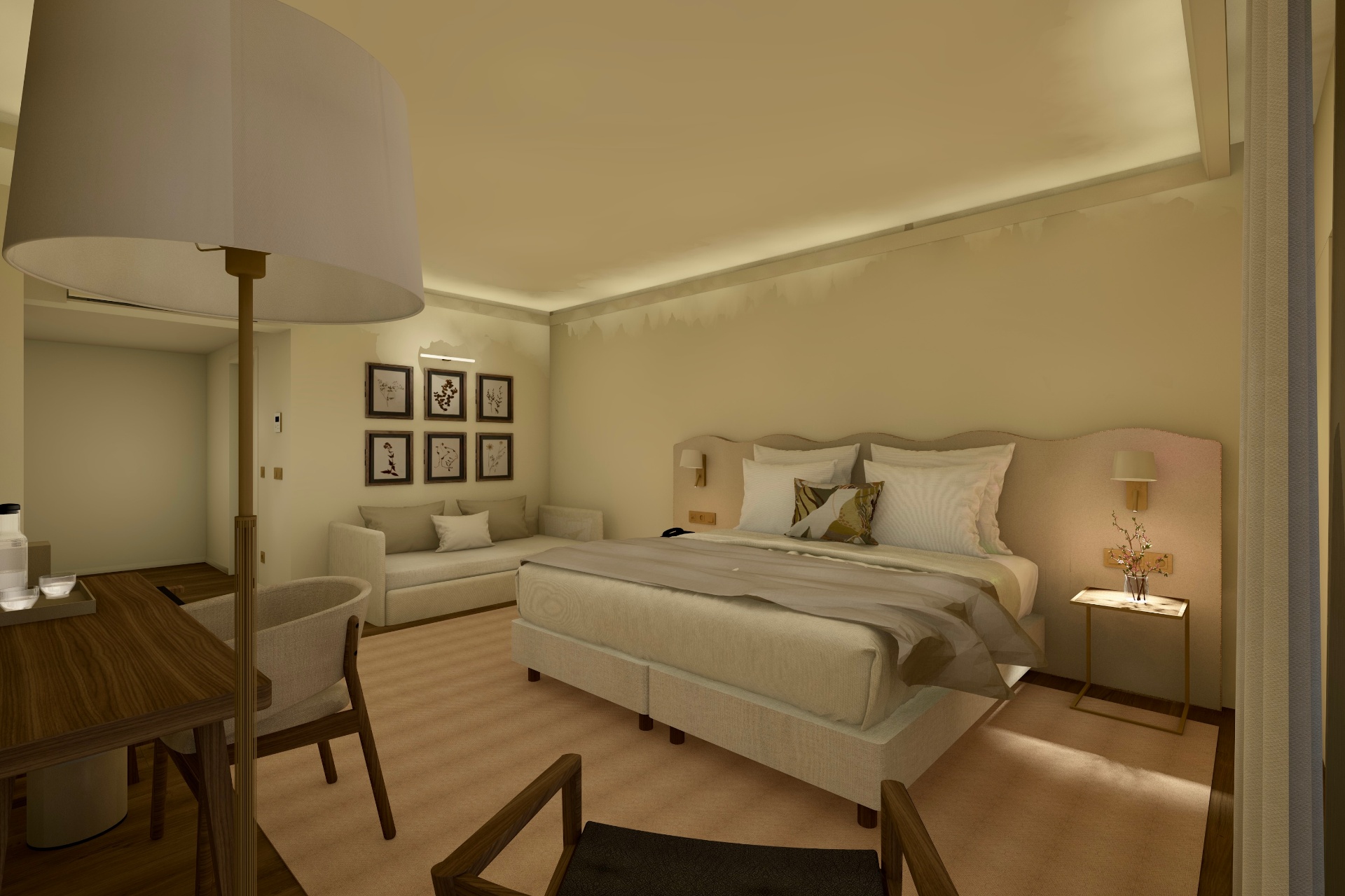 Render original — cabeceira ondulada num quarto duplo