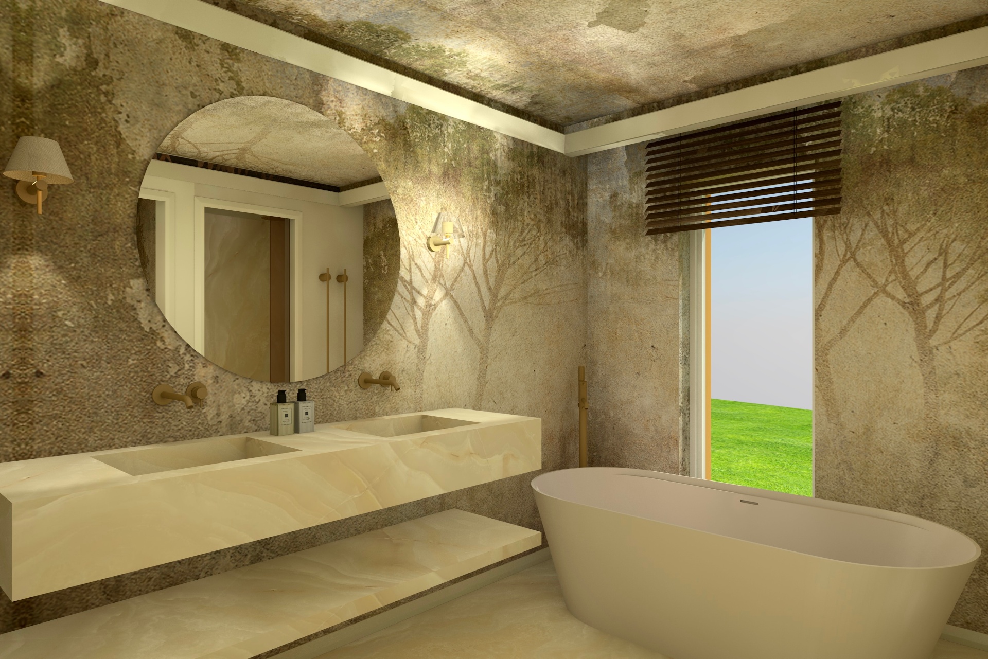 Render original — casa de banho com papel de parede