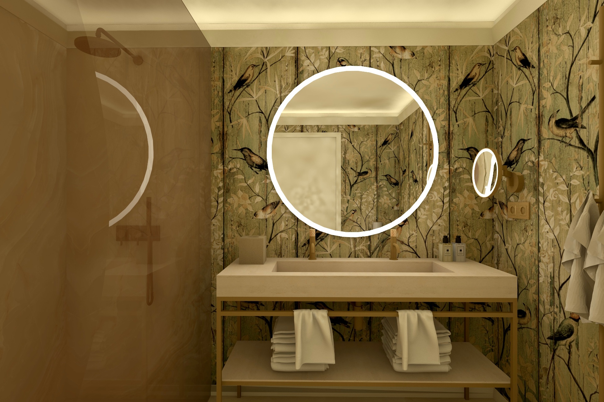 Render original — IS quarto com papel de parede de aves