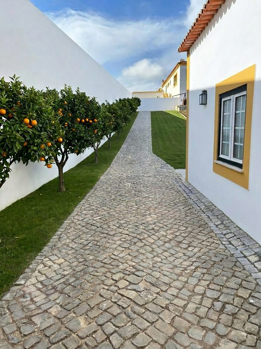 Sugestão de paisagismo — alameda de laranjeiras sobre calçada portuguesa