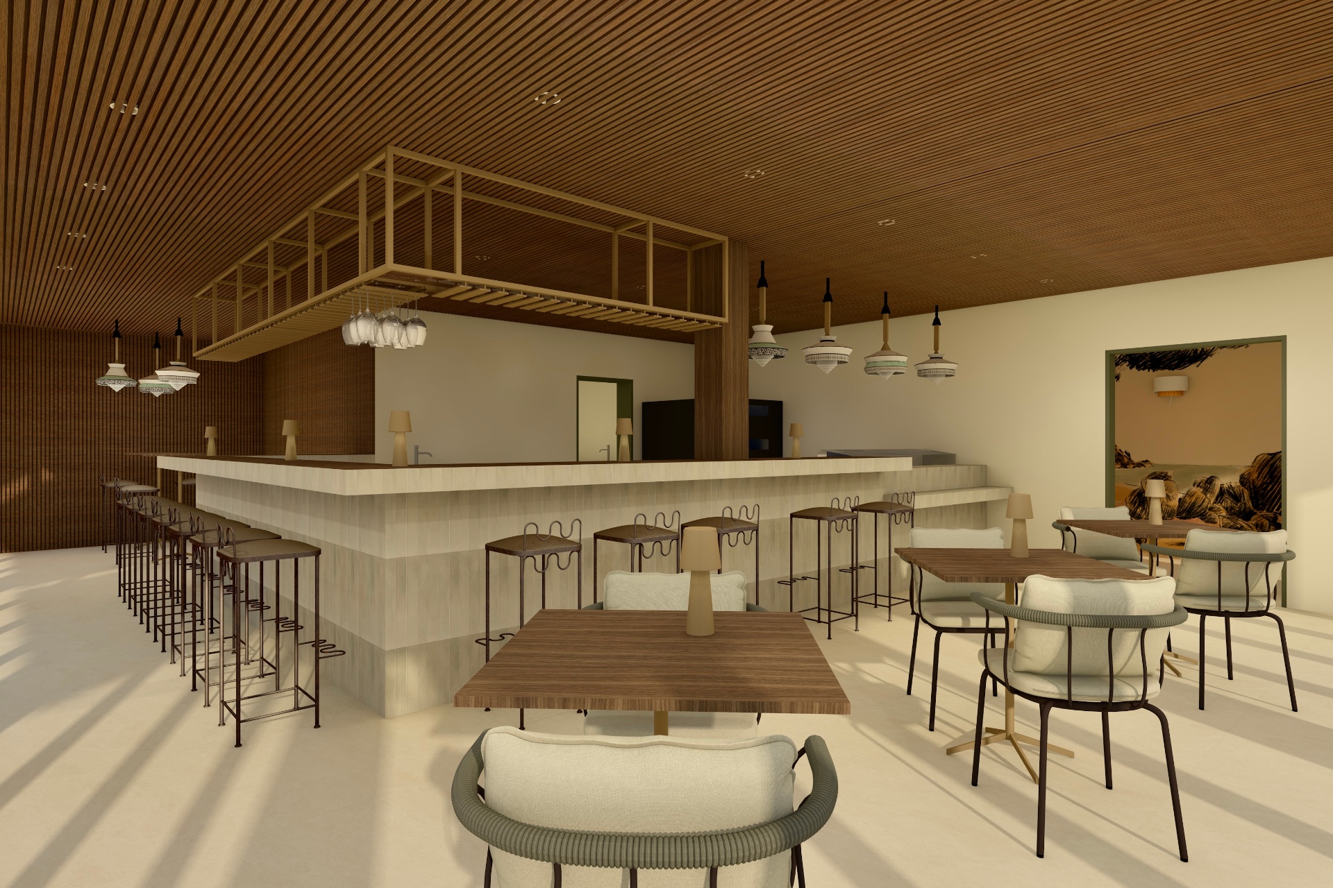 Render da Arquiteta — interior da pizzeria com nova materialidade