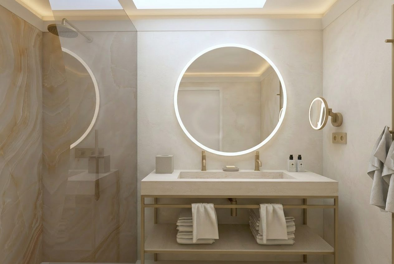 Render refinado — IS quarto em paleta neutra e materialidade contínua