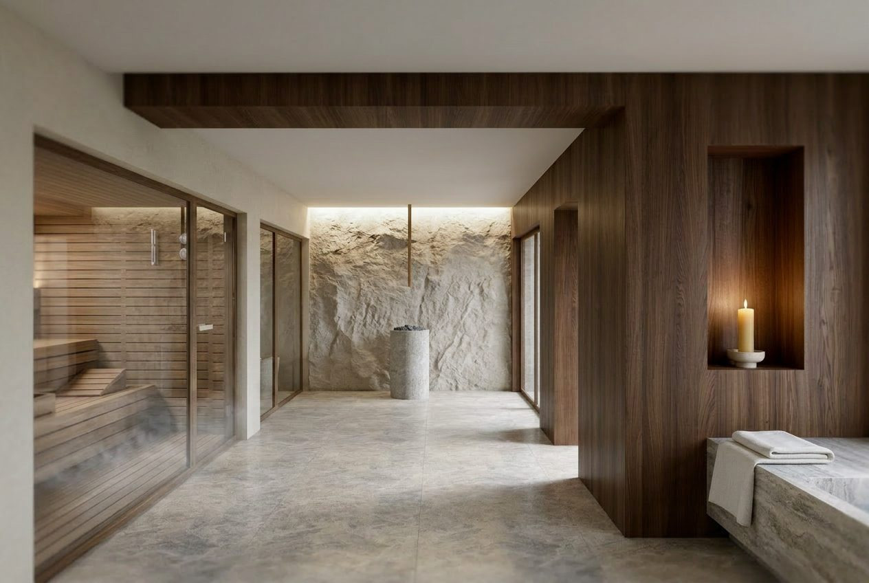 Render refinado — zona de relaxamento com piscina interior, madeira de nogueira e pedra natural