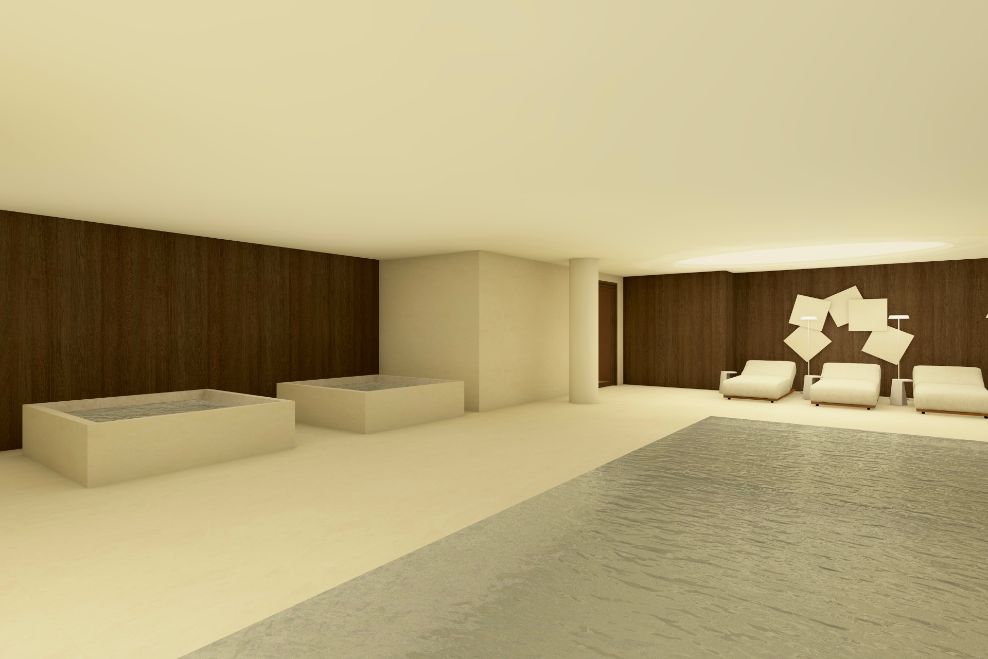 Render original — SPA com tanques de água junto à piscina interior
