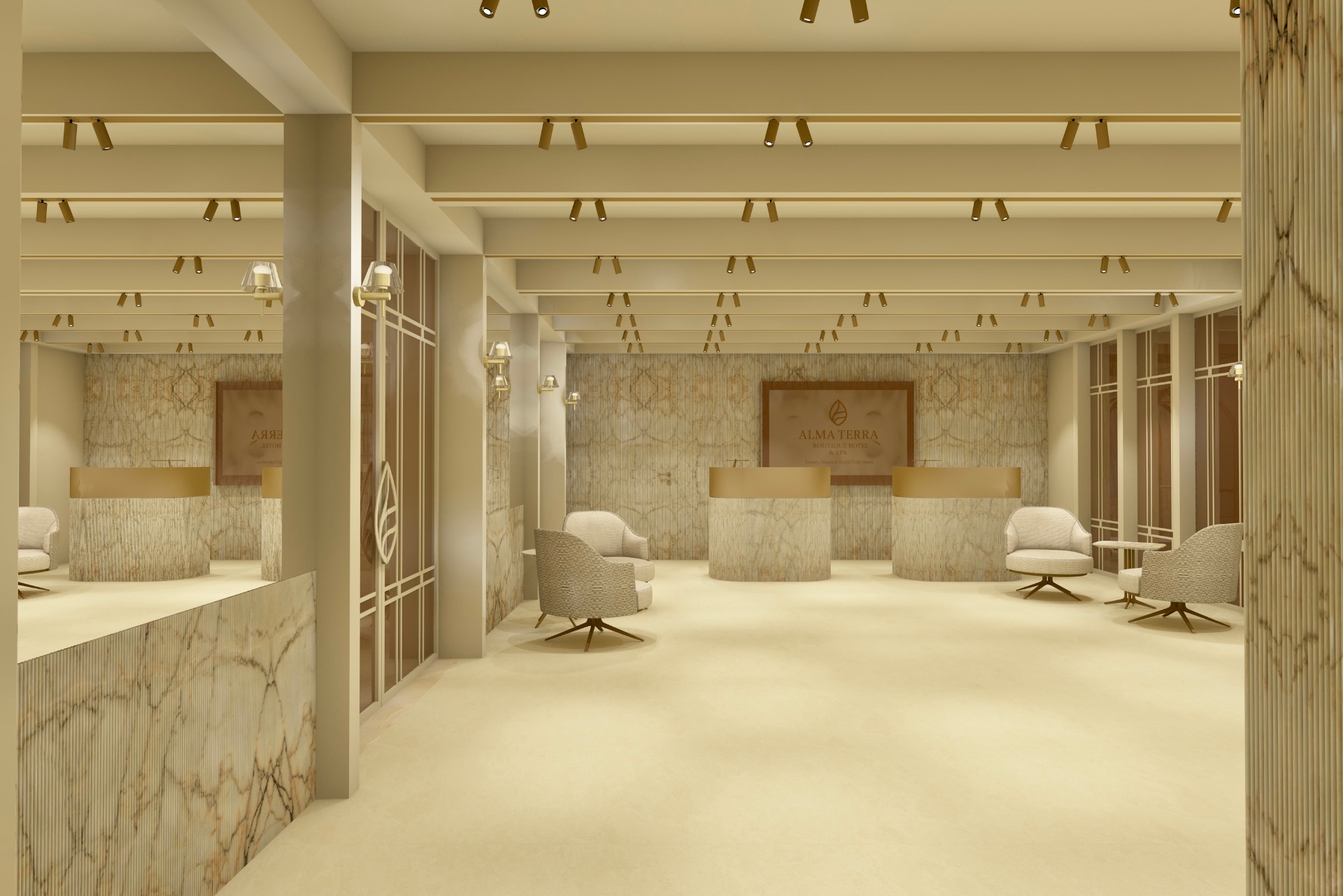 Render principal da receção — proposta atual com parede em pedra
