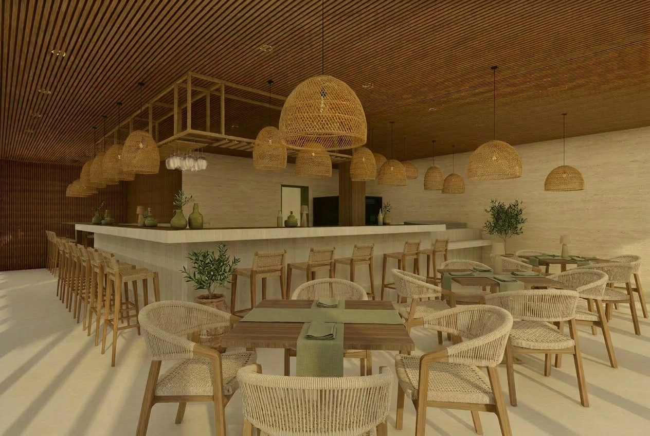 Sugestão Marketing — interior da pizzeria com candeeiros em vime, ripado em madeira e cadeiras em corda natural