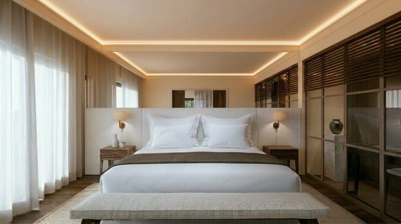 Render refinado — cabeceira em painel têxtil claro de linhas retas