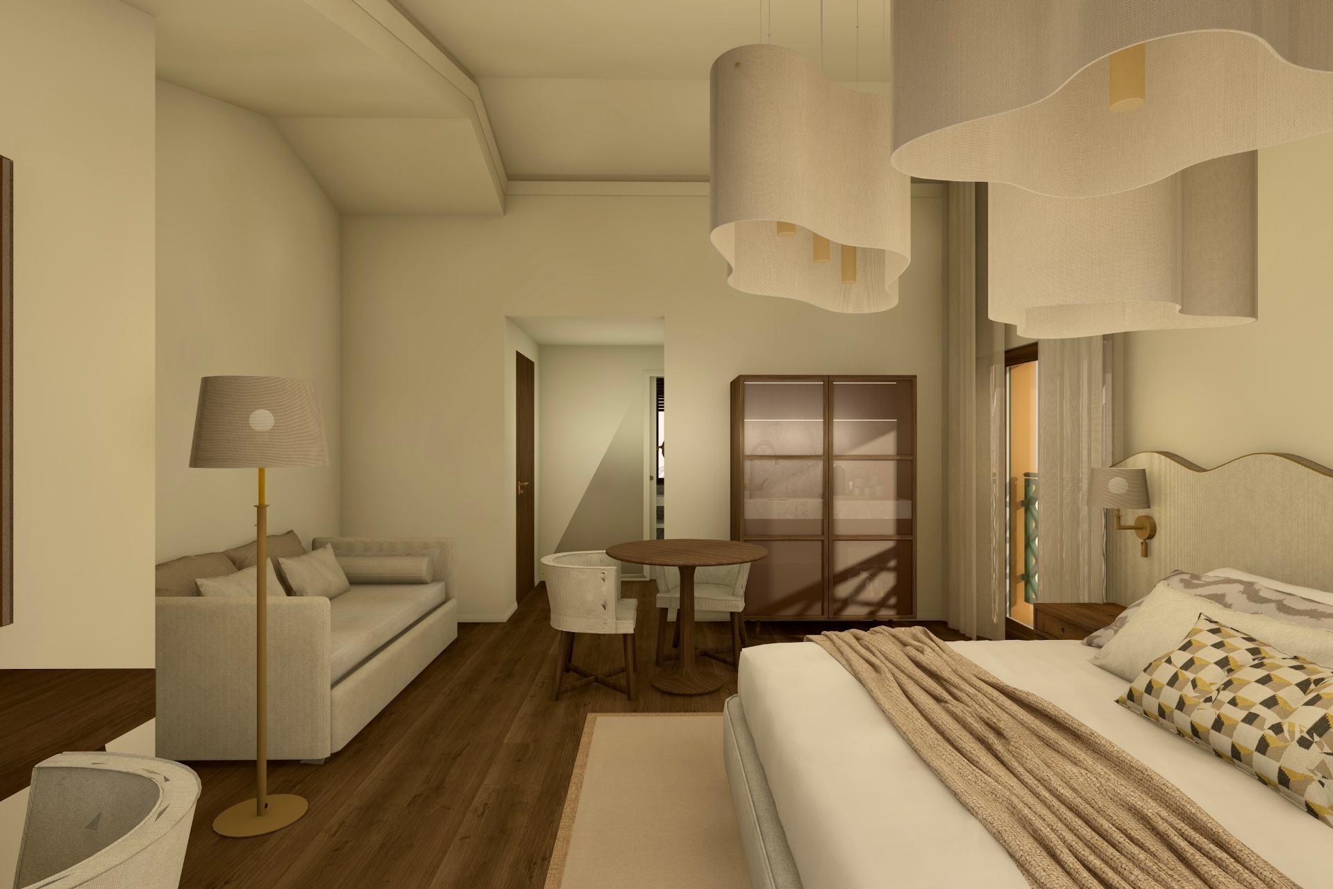 Render original — quarto com candeeiros ondulados e paleta saturada