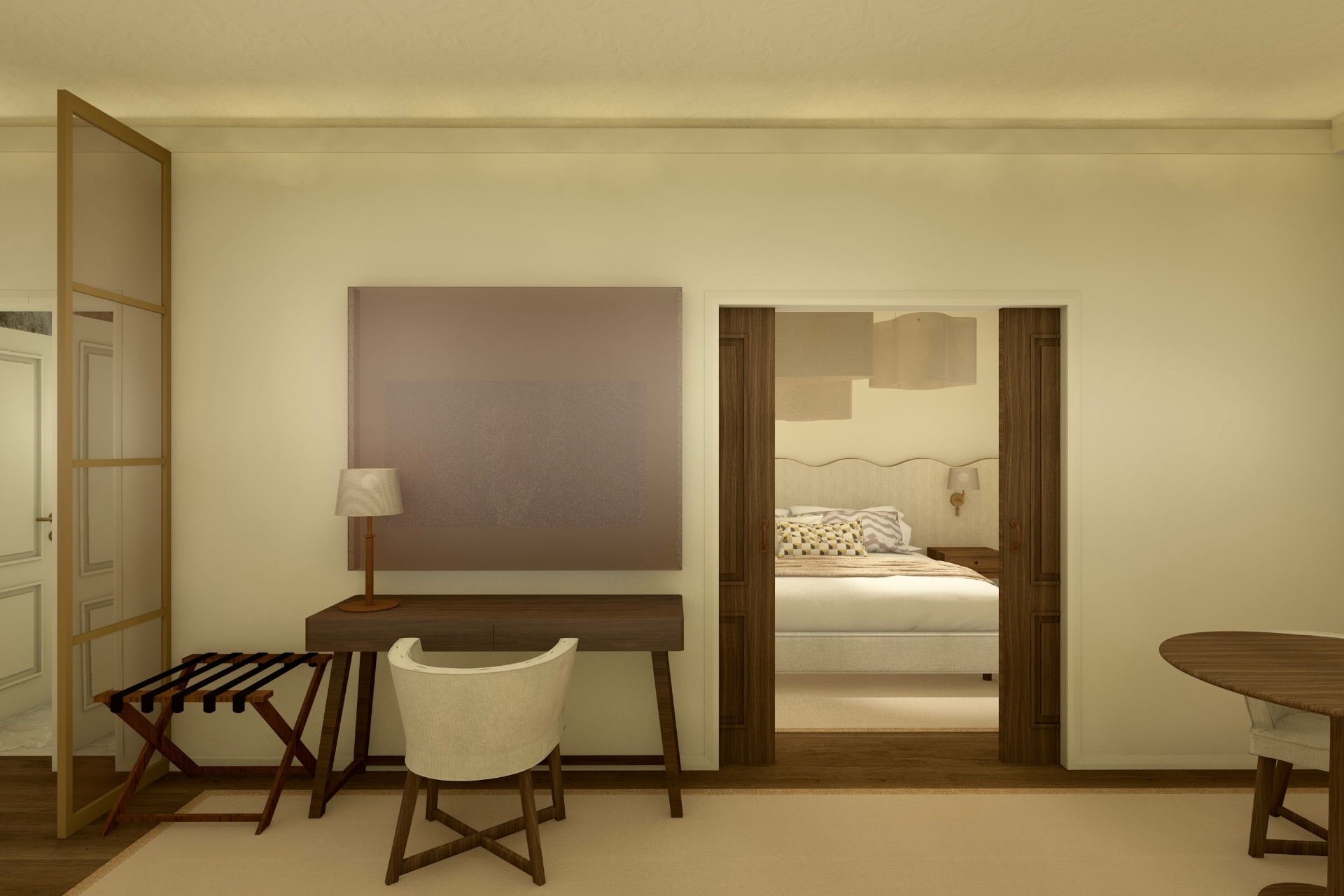 Render original — sala da suite com pintura difusa e luz quente