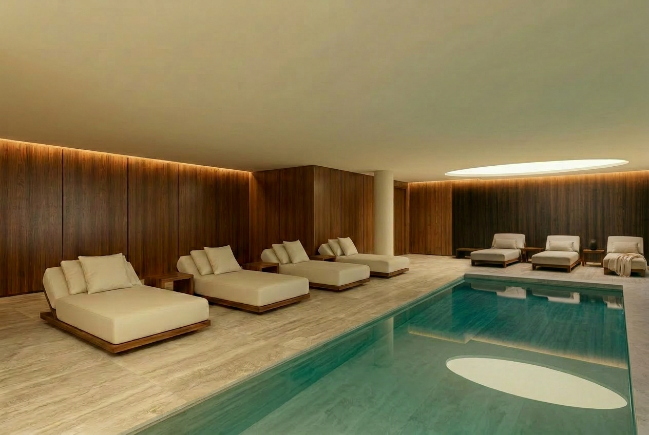 Render refinado — SPA com sauna em madeira de nogueira, pedra natural e luz indireta