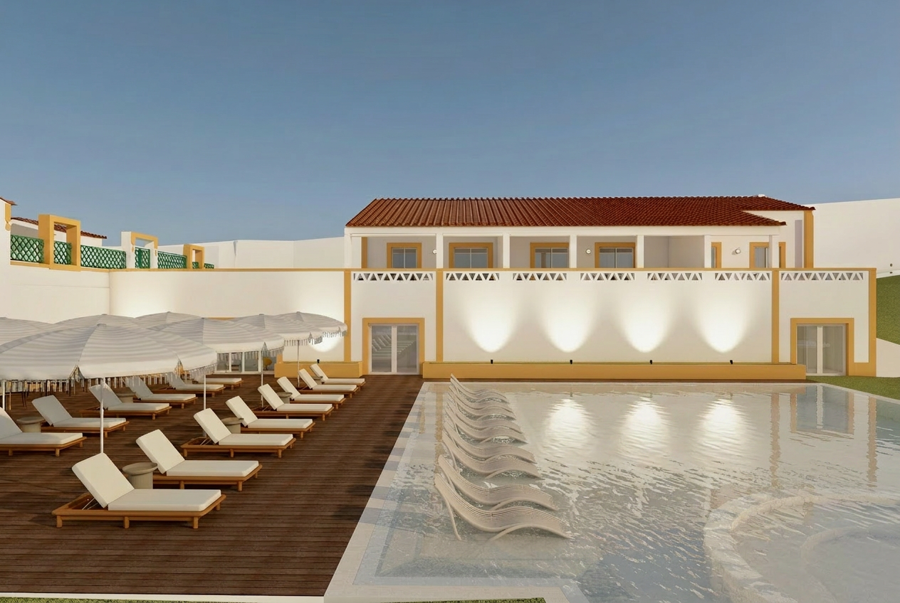 Render refinado — piscina exterior estendida até à parede, leitura ampla e serena