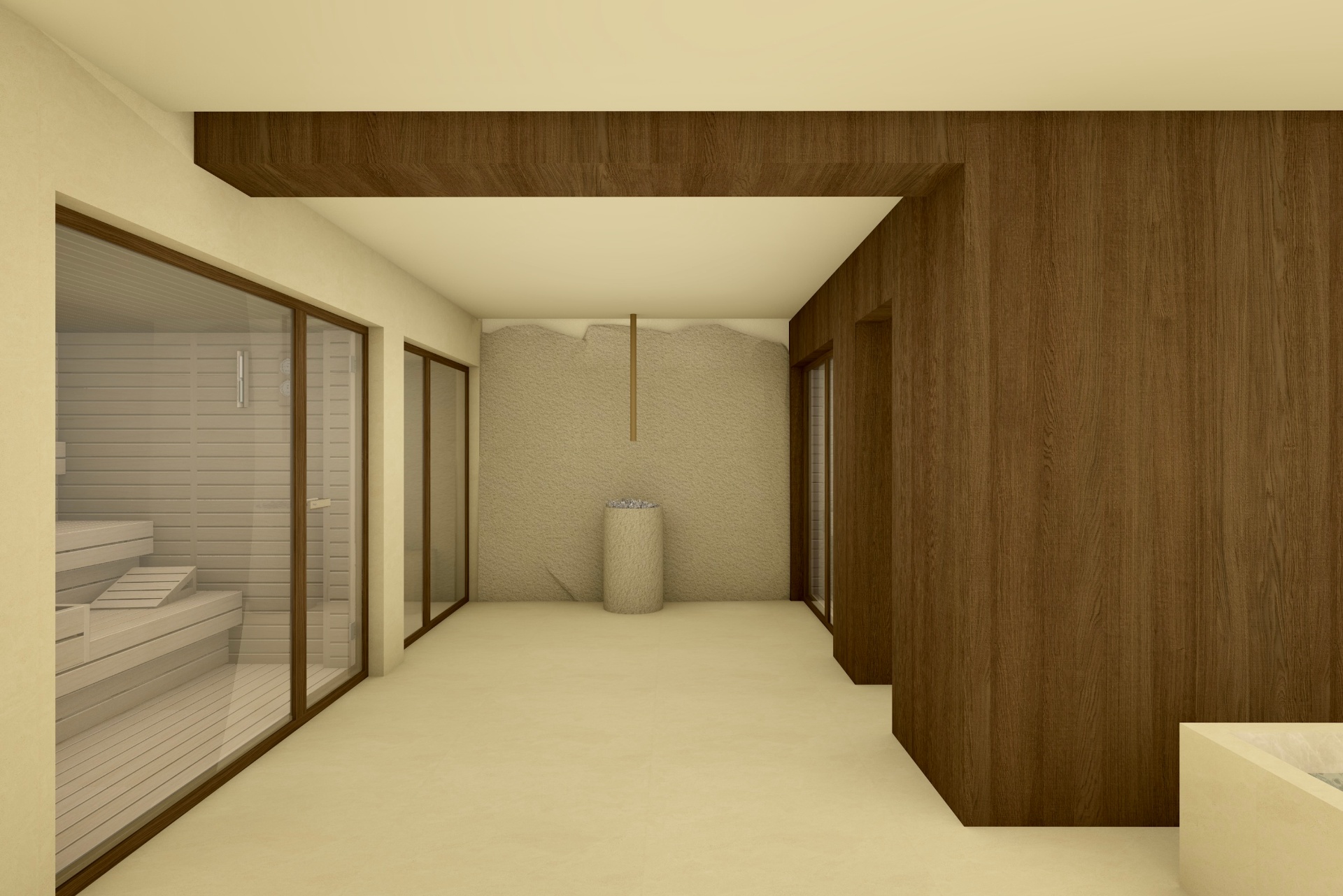 Render original — sauna com madeira clara e paleta amarelada