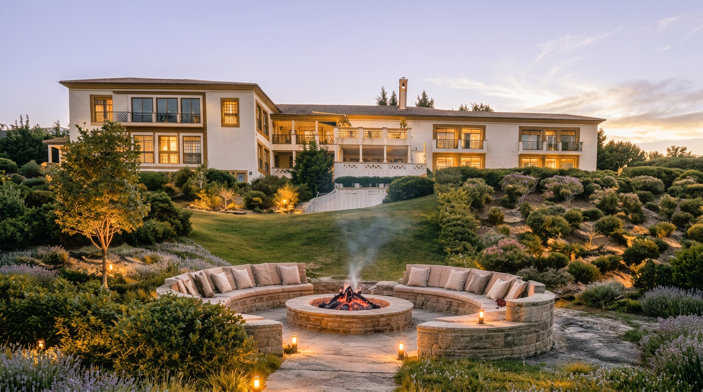 Sugestão de paisagismo — Fire Pit em pedra, lavanda e relvado em diálogo com a arquitetura do The Vale