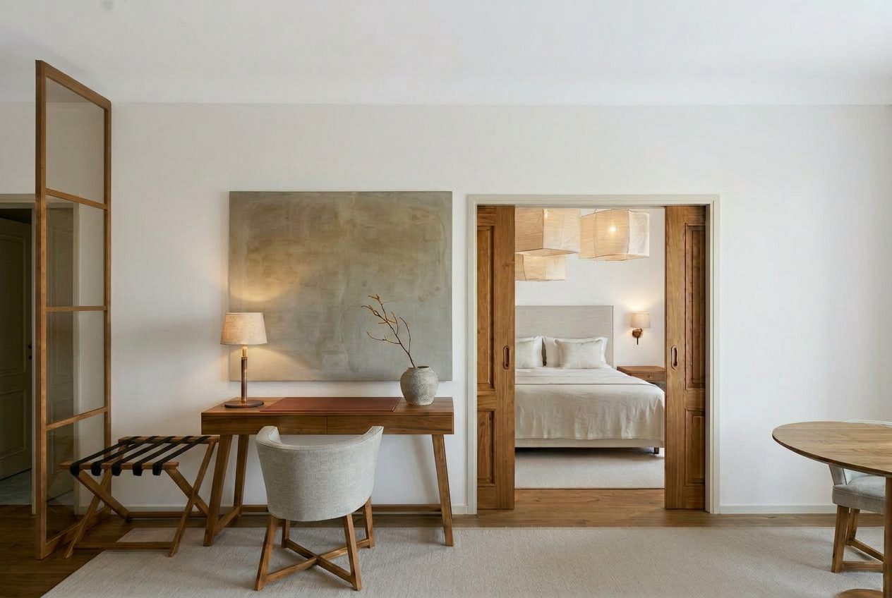 Render refinado — sala da suite com obra de arte contemporânea e madeira clara